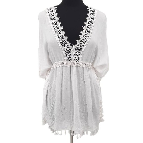 blue island Other - NEW Blue Island Beach Off White Cochet V-Neck Side Tie Swim Cover Up S Tassels